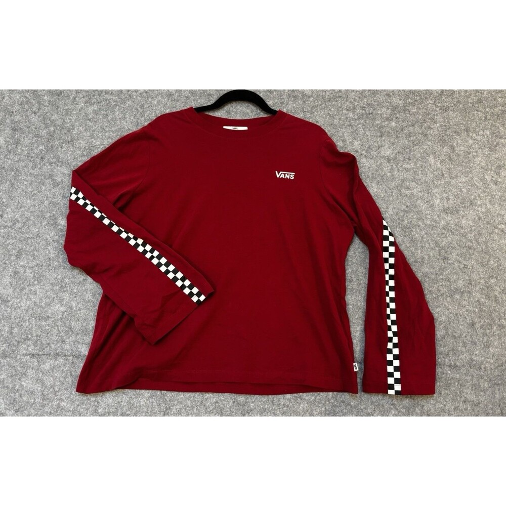 Vans Women XL Red Long Sleeve Crop T-Shirt Checkerboard Sleeve Logo Skate